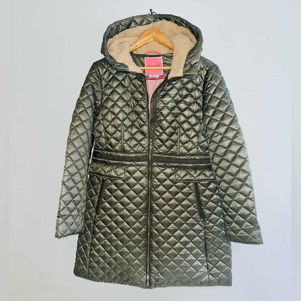 Kate Spade Quilted Hooded Sherpa Trim Coat sz L - Picture 2 of 14